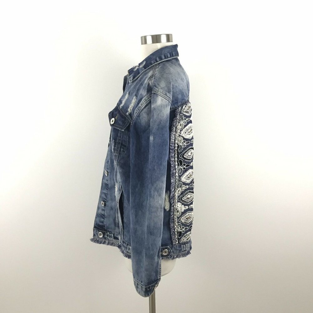 JAASE Womens S Embellished Denim Jacket Oversized NWT Back Design Distressed - Picture 5 of 8